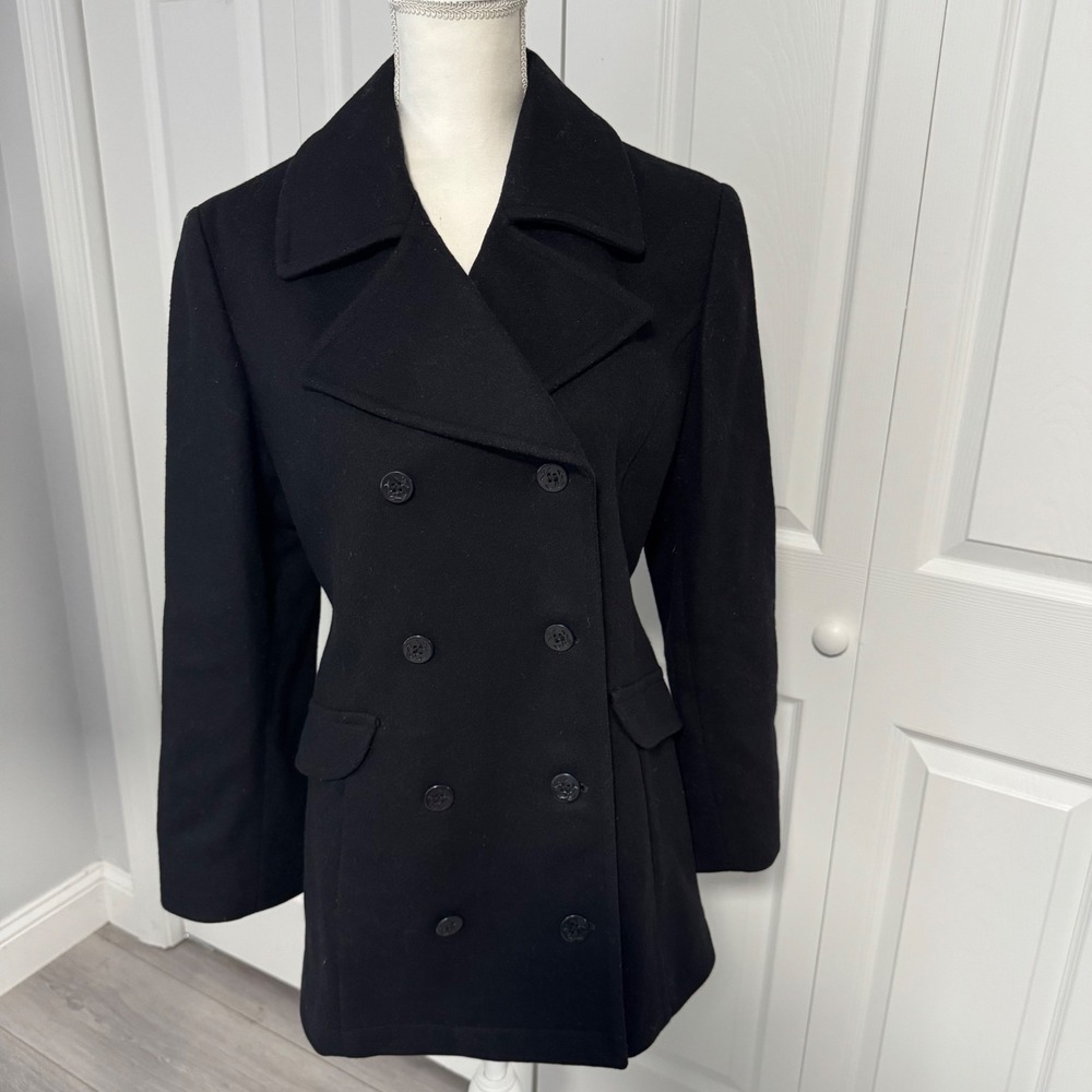 Jones New York Petite Black 100% Pure Wool Double Breasted Pea Coat Size 10P